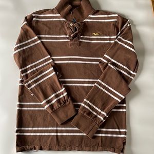 Hollister Brown & white long sleeve striped polo shirt